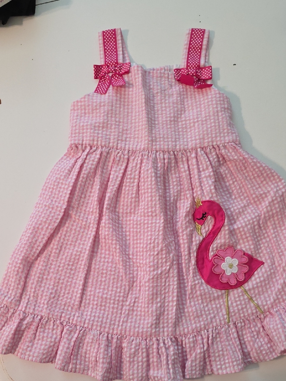 Girls Pink Seersucker Flamingo Dress with Polka Dot Straps